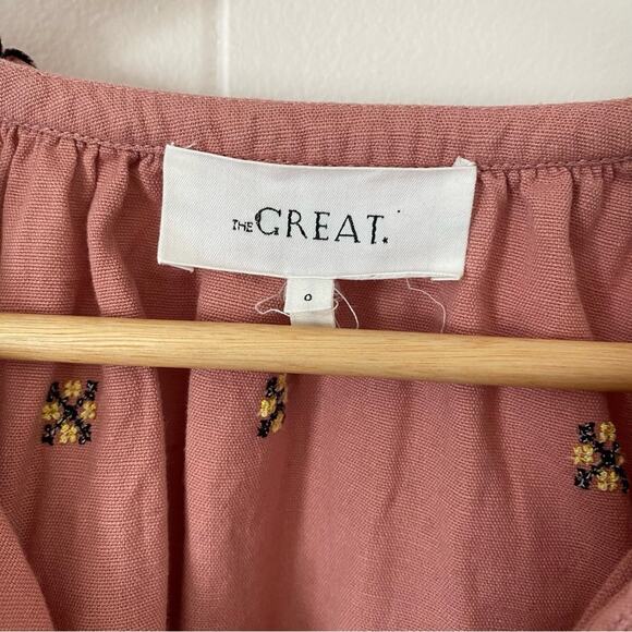 THE GREAT Clementine Embroidered Linen Cottagecore Blouse Pink Rosette X-Small - Picture 5 of 9